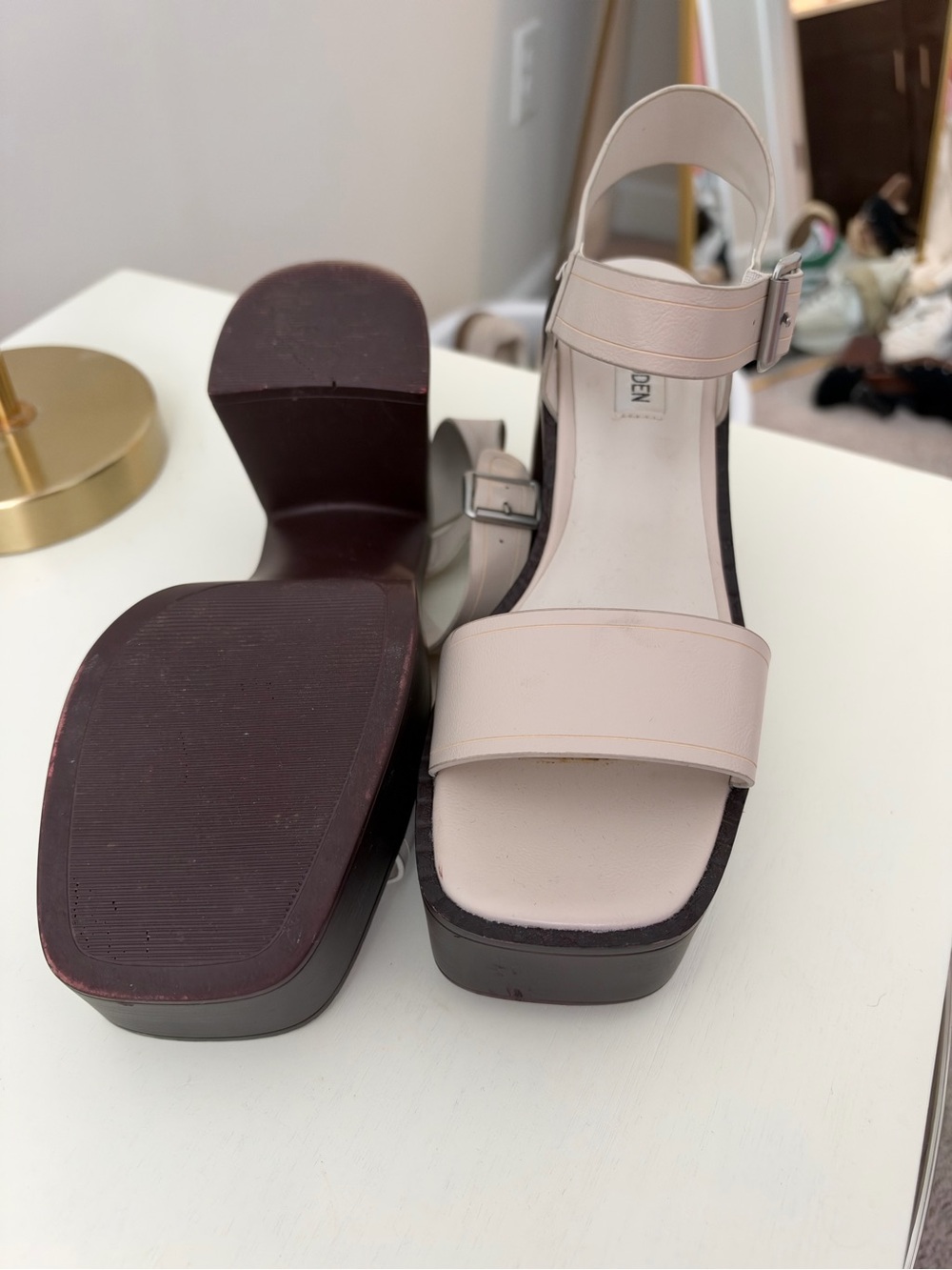 Steve Maddens Women’s Cream Platform Sandal with Ankle Strap